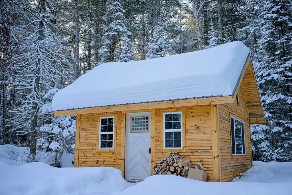 Log cabin with snow on the roof