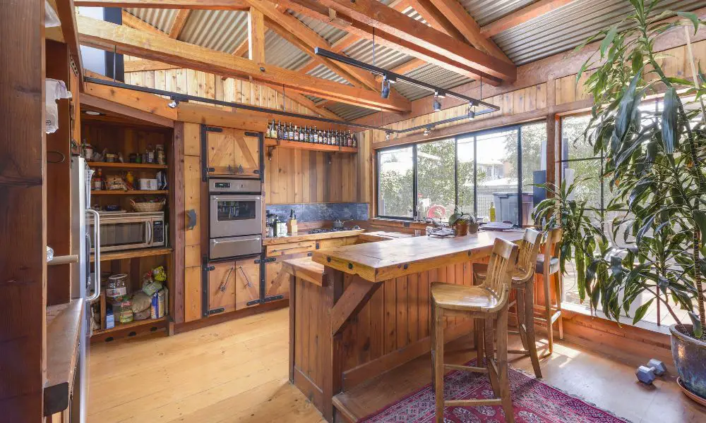 log hunting cabin kitchen